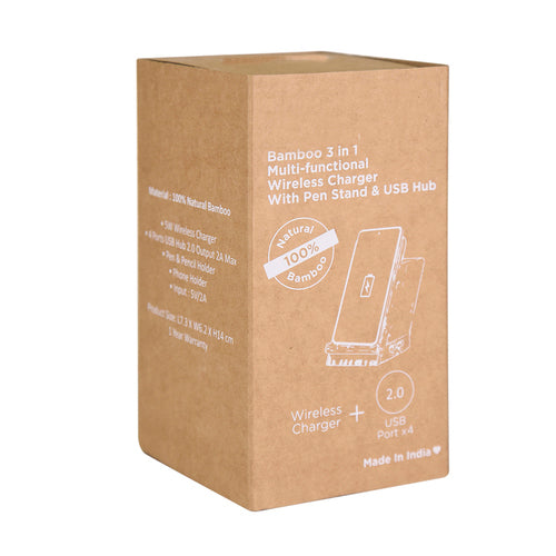 Bamboo Wireless charging with USB dock & pen stand - Revvora