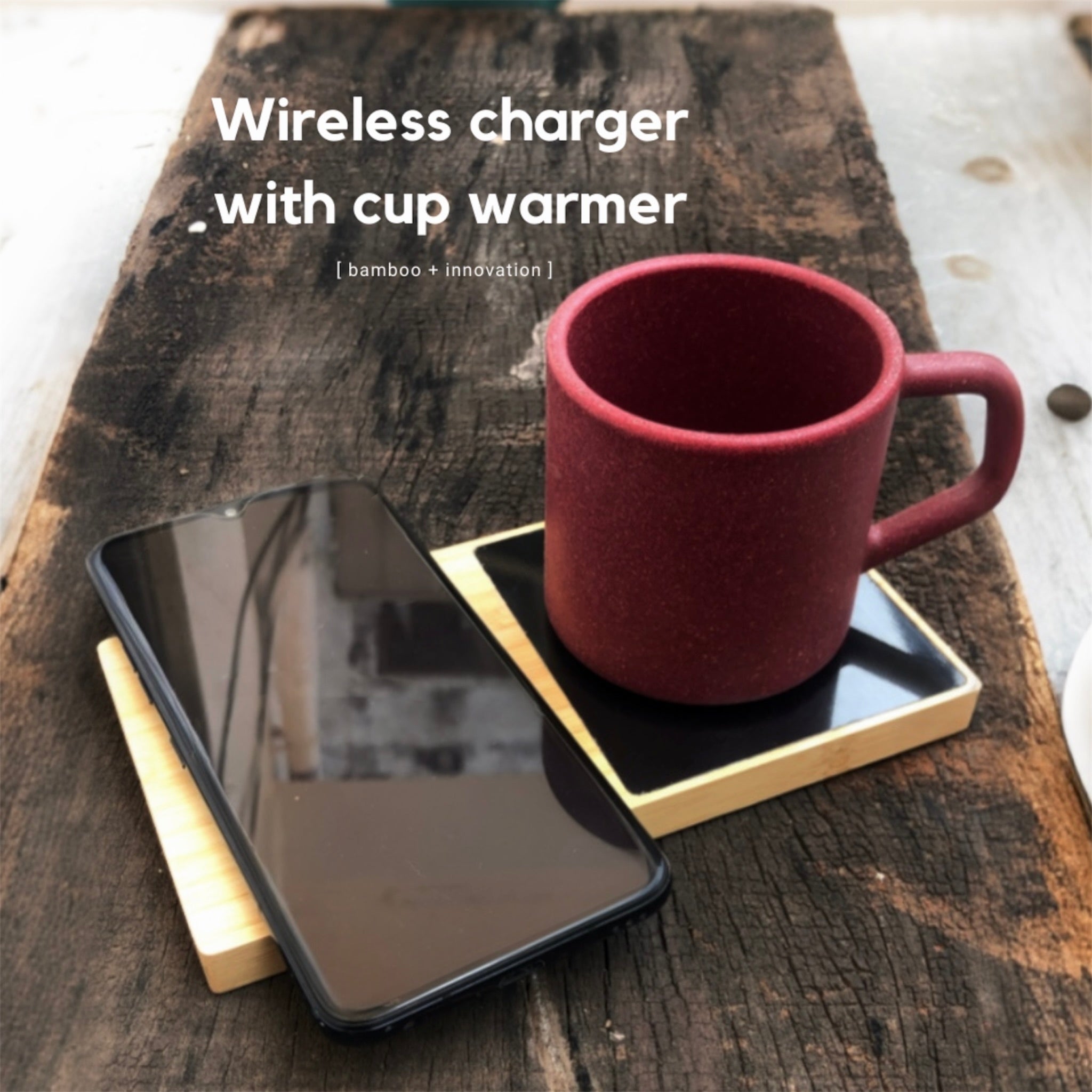 Bamboo wireless charger with a cup warmer - Revvora