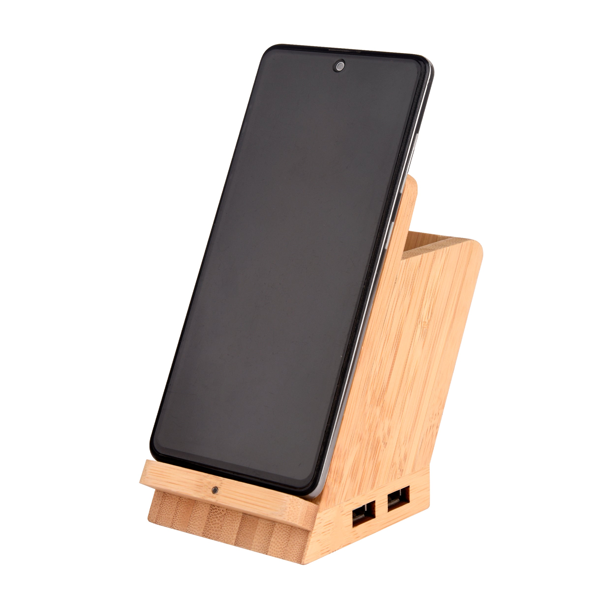 Bamboo Wireless charging with USB dock & pen stand - Revvora