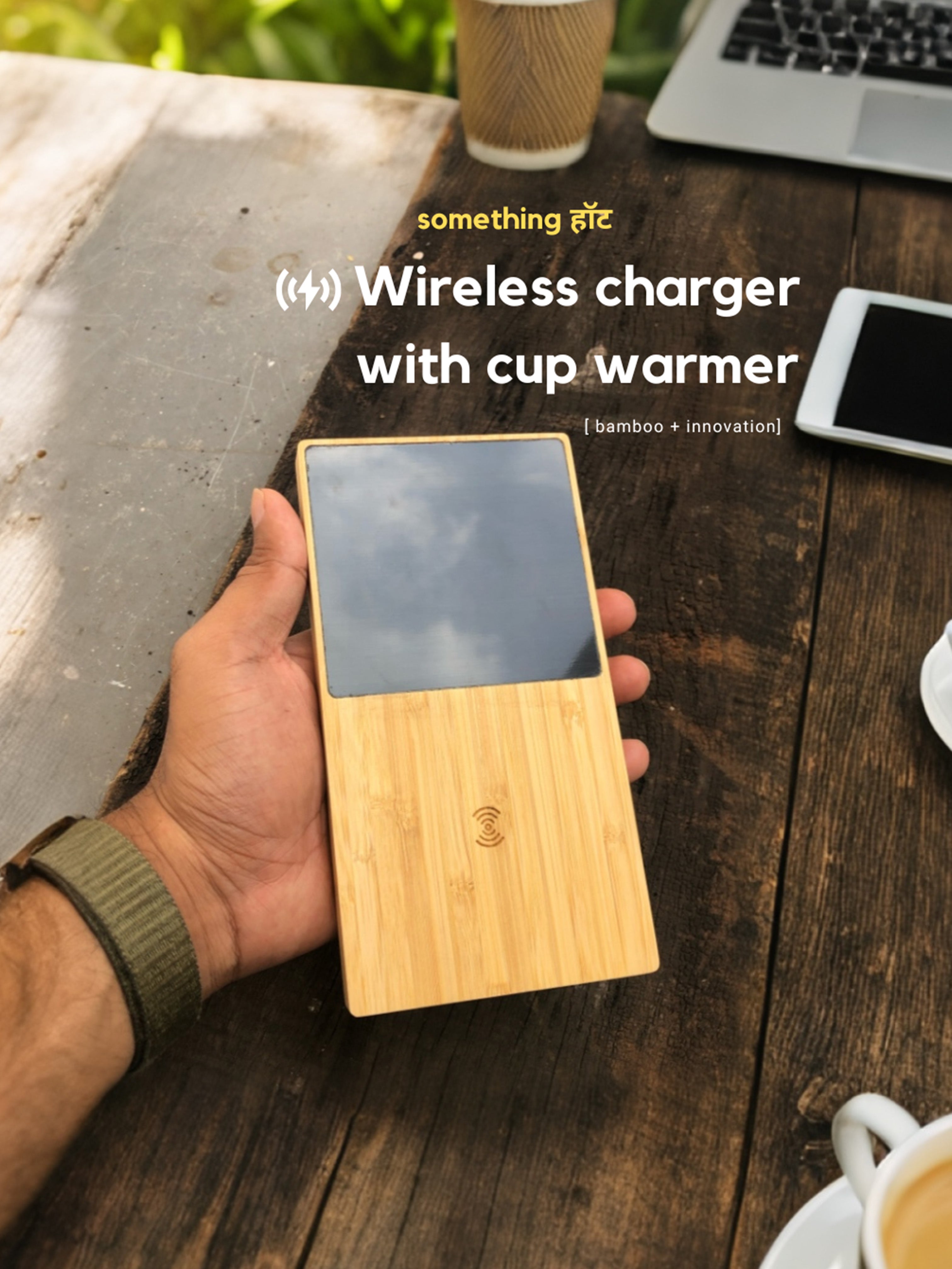 Bamboo wireless charger with a cup warmer - Revvora