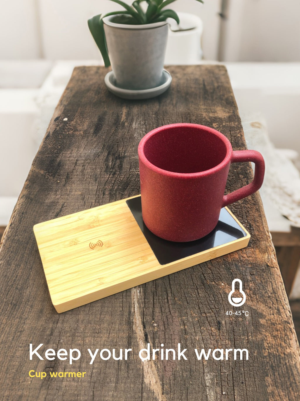 Bamboo wireless charger with a cup warmer - Revvora