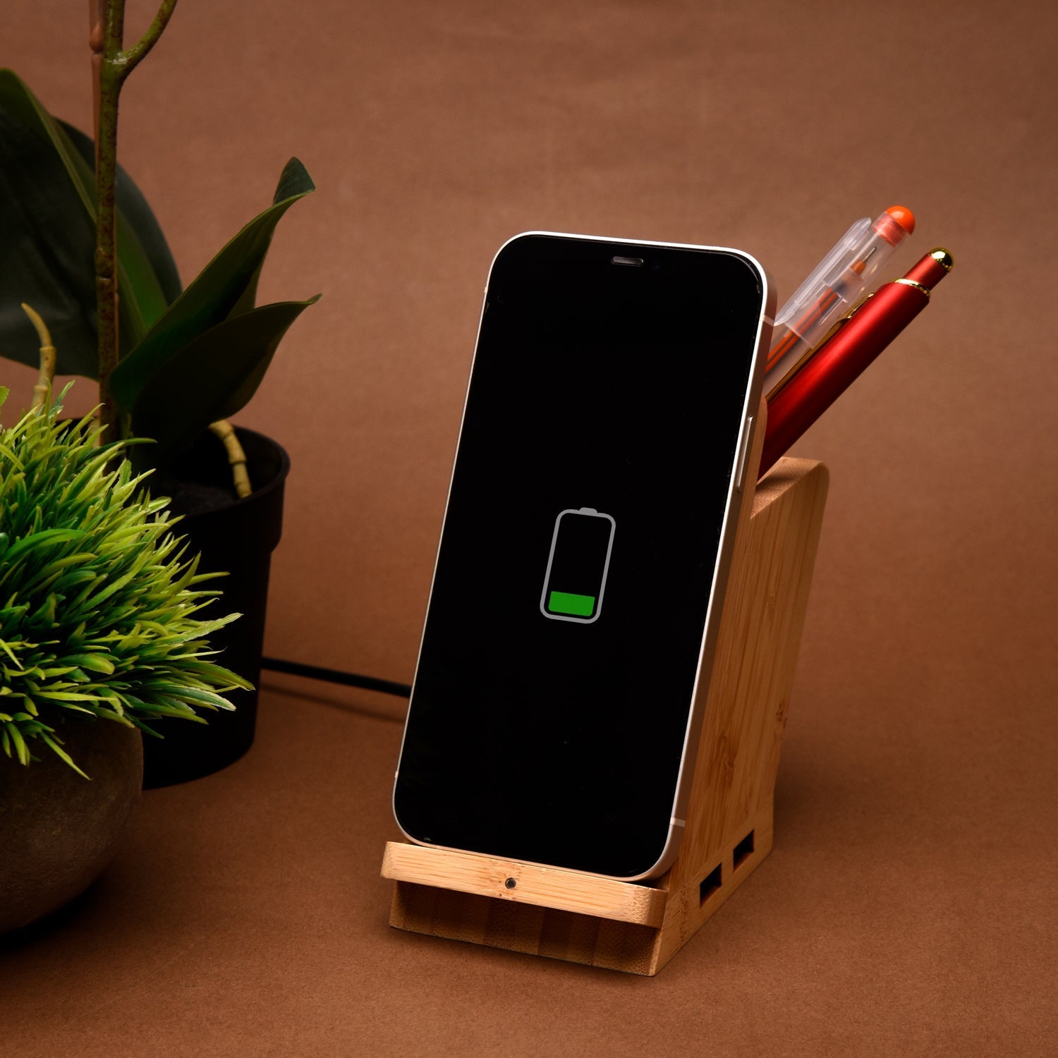 Bamboo Wireless charging with USB dock & pen stand - Revvora