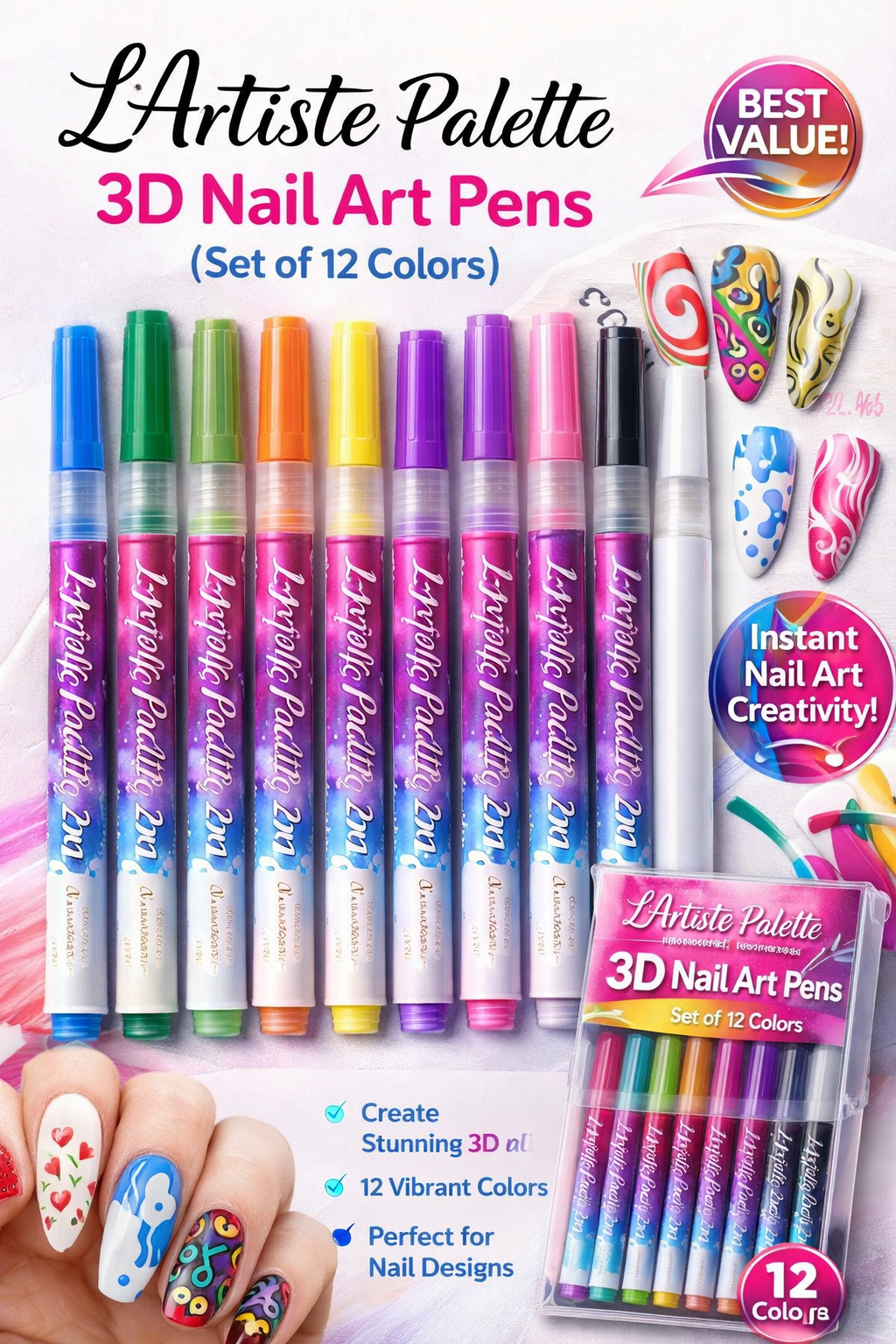 L’Artiste Palette - 3D Nail Art Pens (Set of 12 Colors) - Revvora